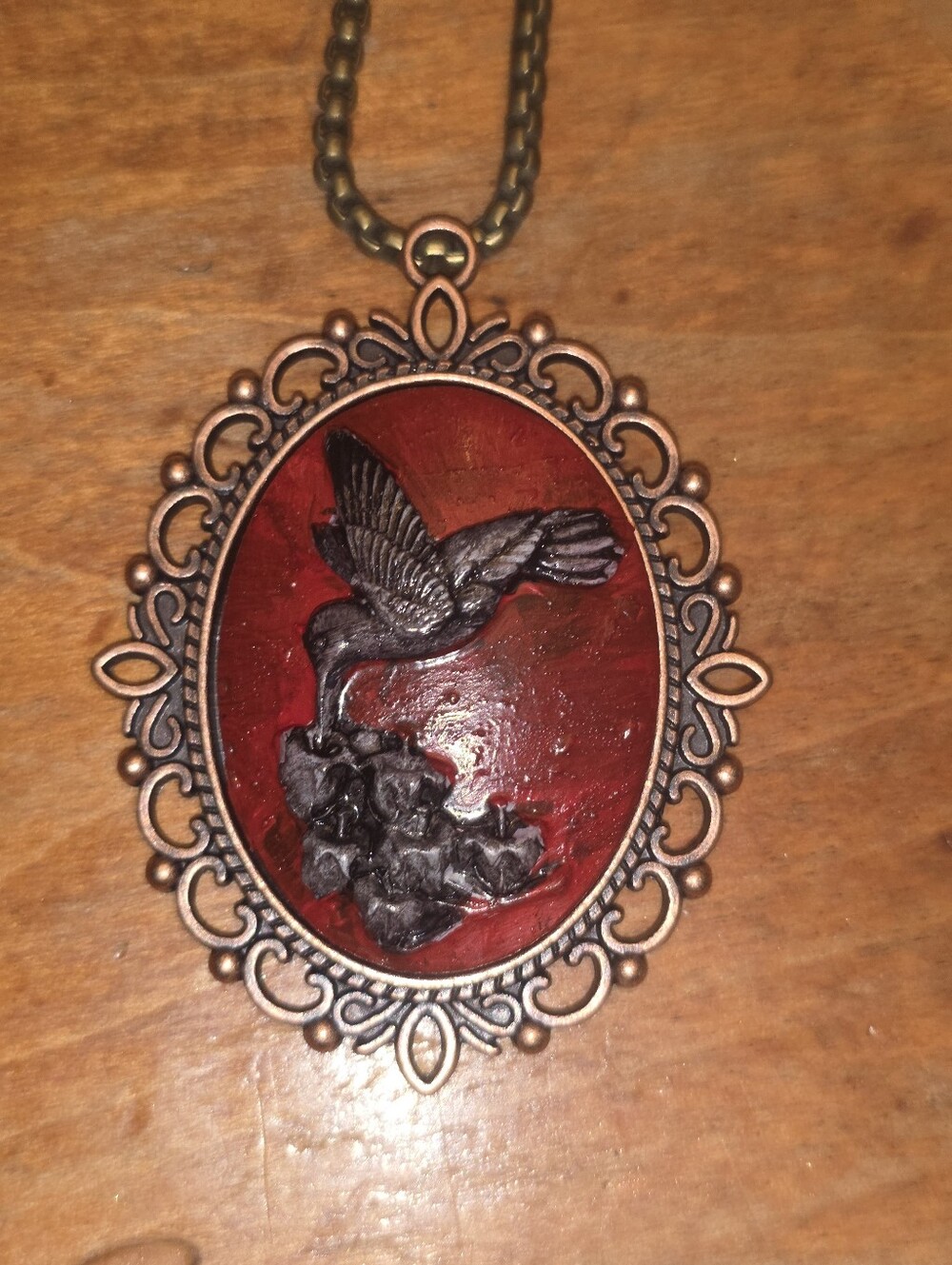 Red & Black Hummingbird Pendant In Bronze Tone Frame With Chain Necklace